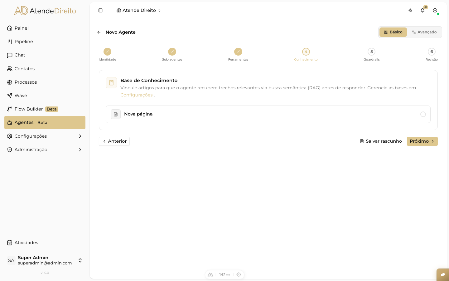 CAPTURAR: diagrama mostrando o fluxo RAG: documento → indexação → busca → resposta do Agent
