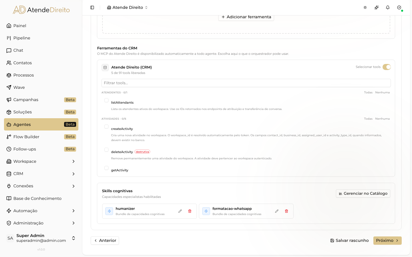 Passo Ferramentas do assistente, com a seção 'Skills cognitivas' e o botão 'Gerenciar no Catálogo'.