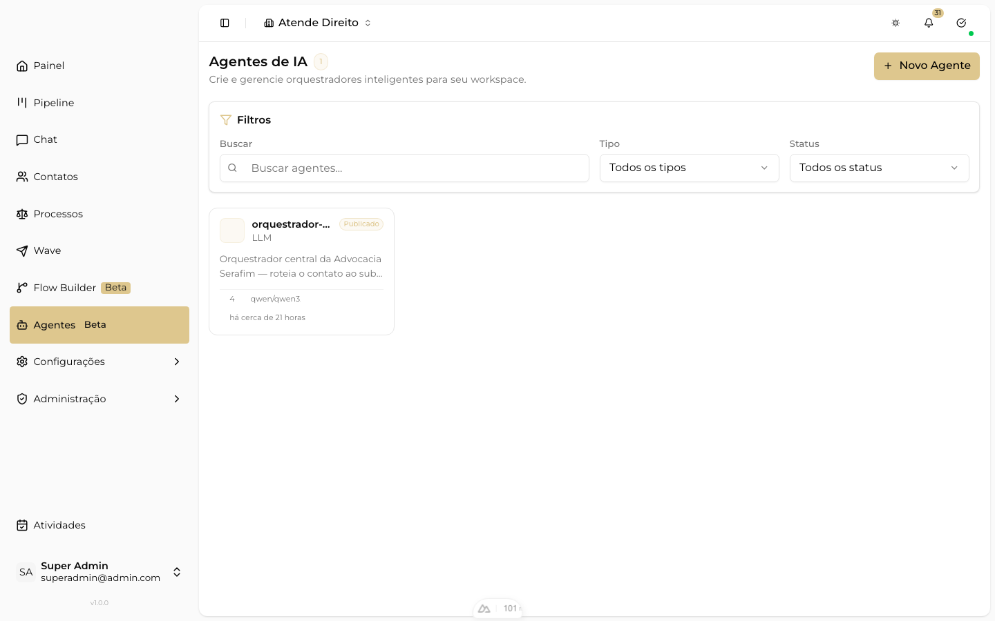 CAPTURAR: tela do Agent Builder com a lista de agents criados e o botão 'Novo Agent' em destaque
