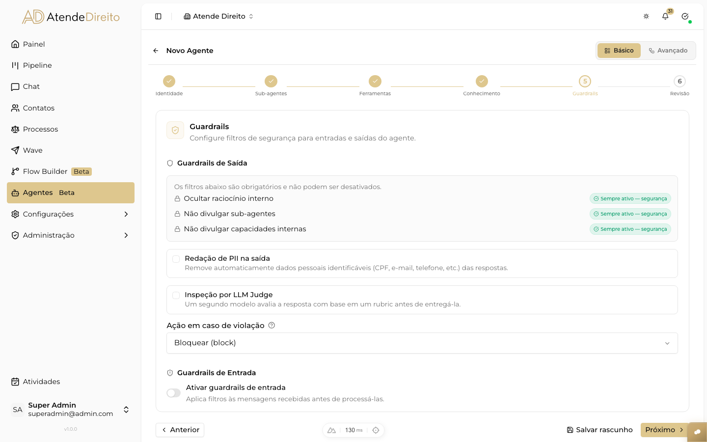 CAPTURAR: tela de configuração do Agent na aba 'Guardrails' com os validadores de input e output expandidos