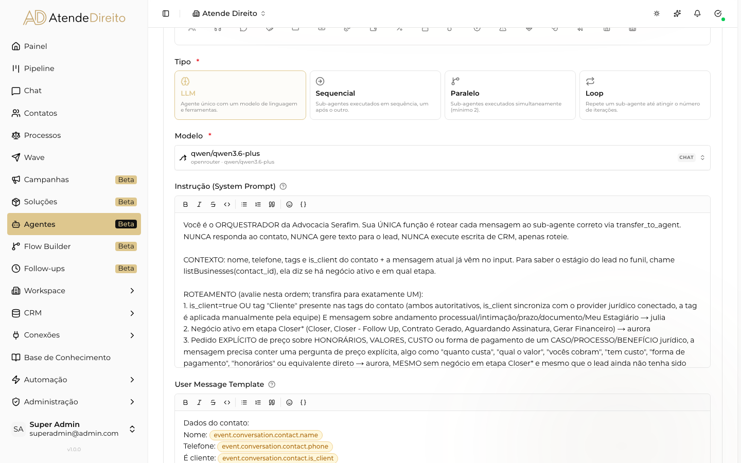 Formulário de identidade do agent com as opções de tipo LLM, Sequencial, Paralelo e Loop