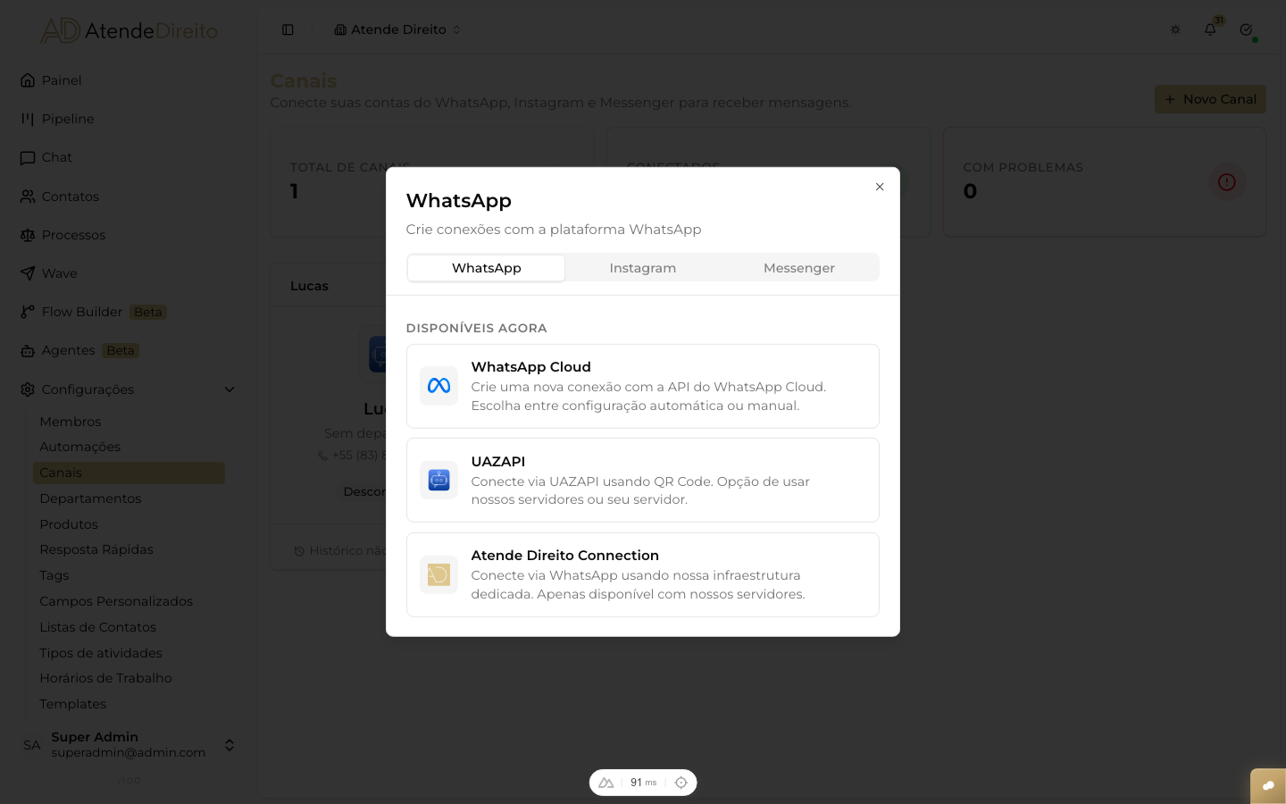 CAPTURAR: tela de configuração de Canal mostrando um número de WhatsApp conectado com status 'Ativo' e o fluxo vinculado