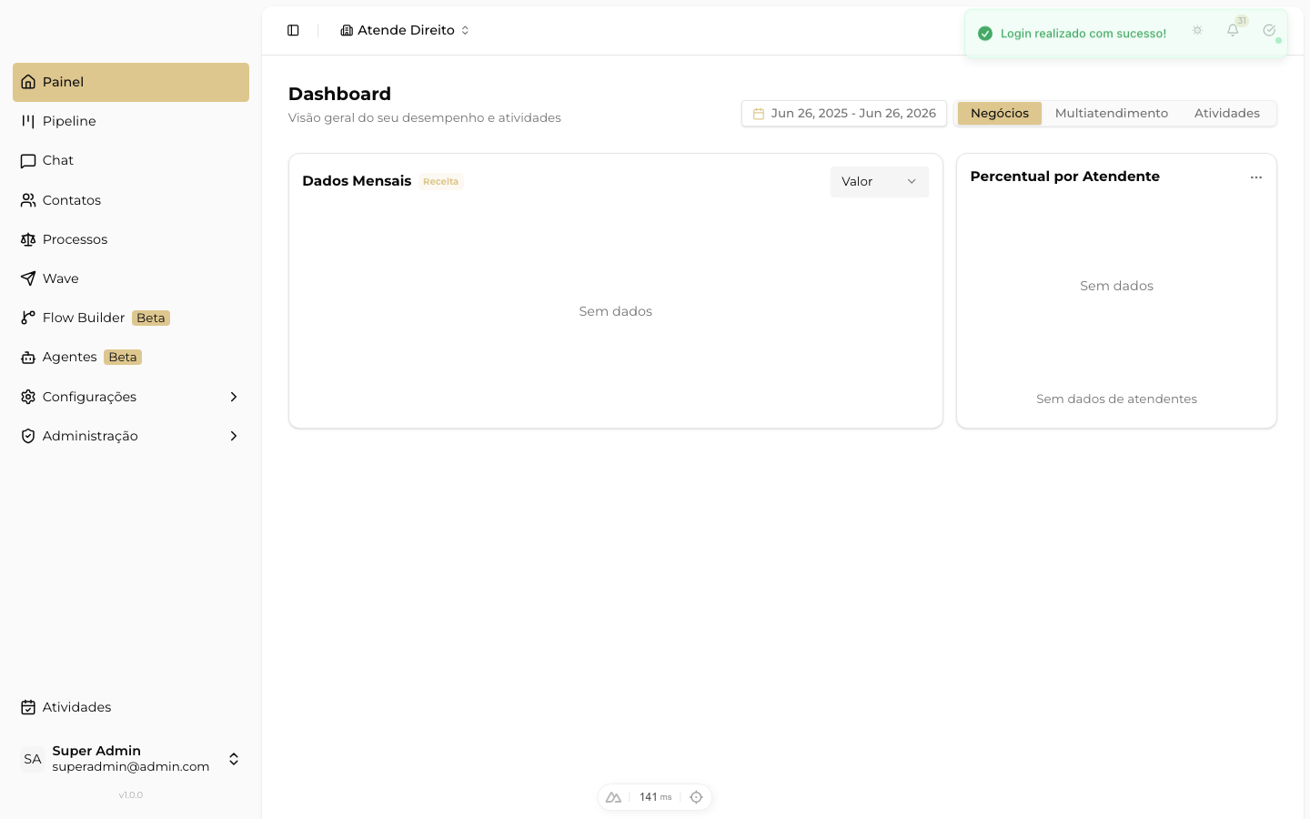 CAPTURAR: tela inicial da plataforma com o menu principal visível (Flow Builder, Agents, Canais)