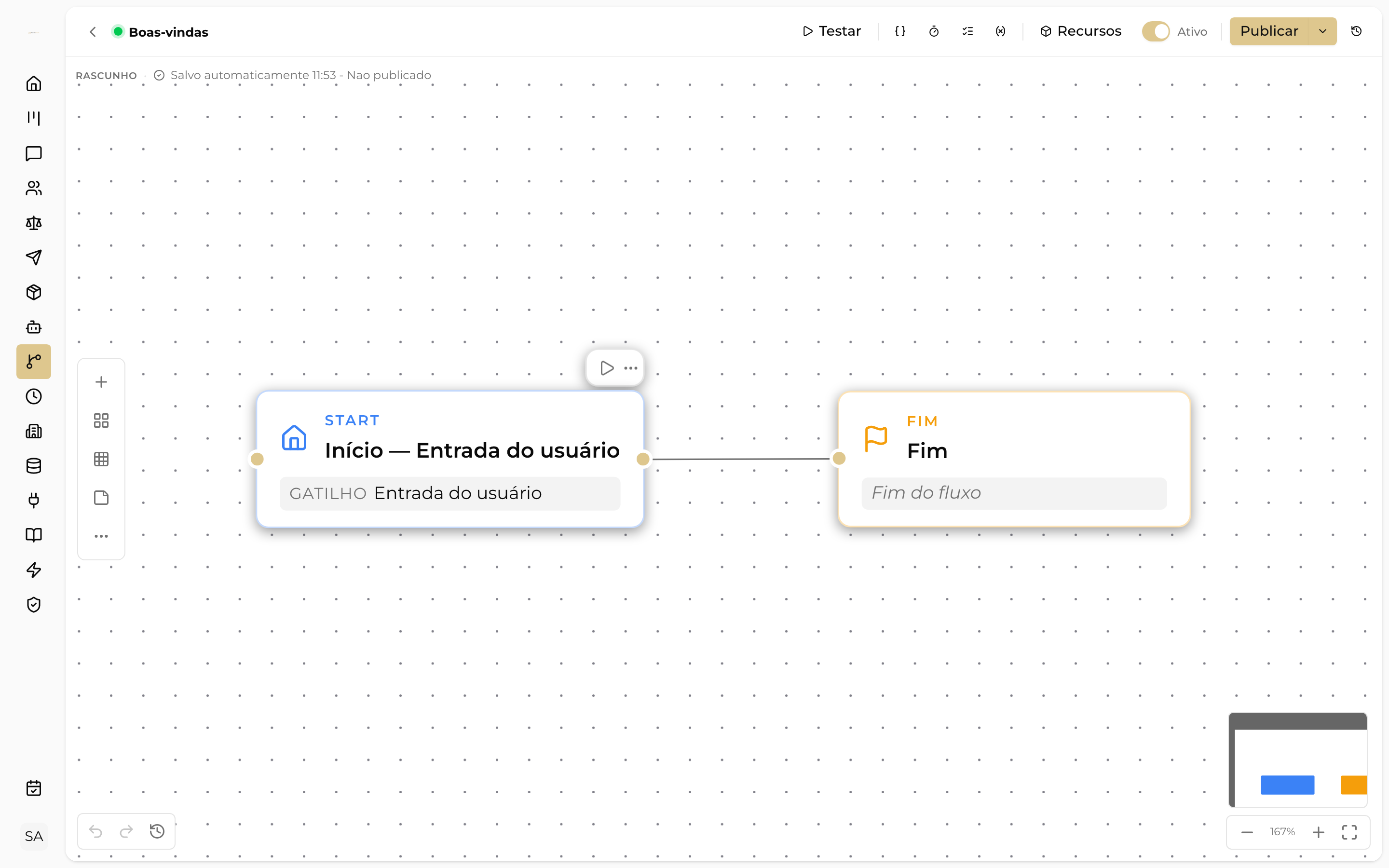 Canvas do Flow Builder logo após criar o fluxo 'Boas-vindas', com os blocos Início e Fim já conectados entre si