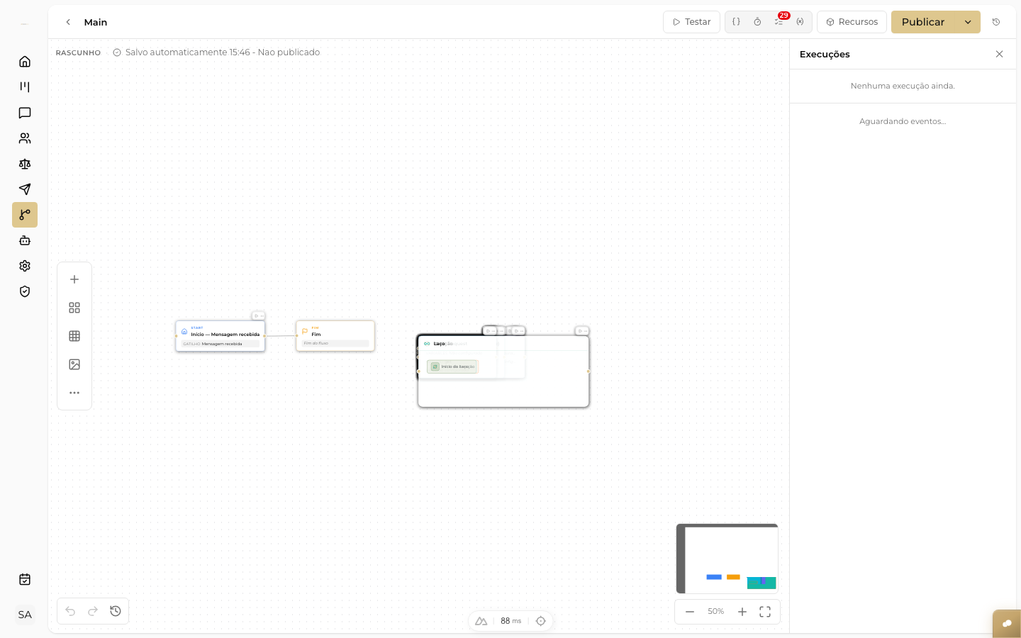 CAPTURAR: canvas do Flow Builder com um fluxo exemplo mostrando nós de start, enviar mensagem e condição