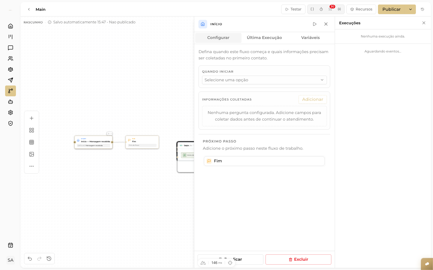 CAPTURAR: painel de configuração de um nó aberto à direita