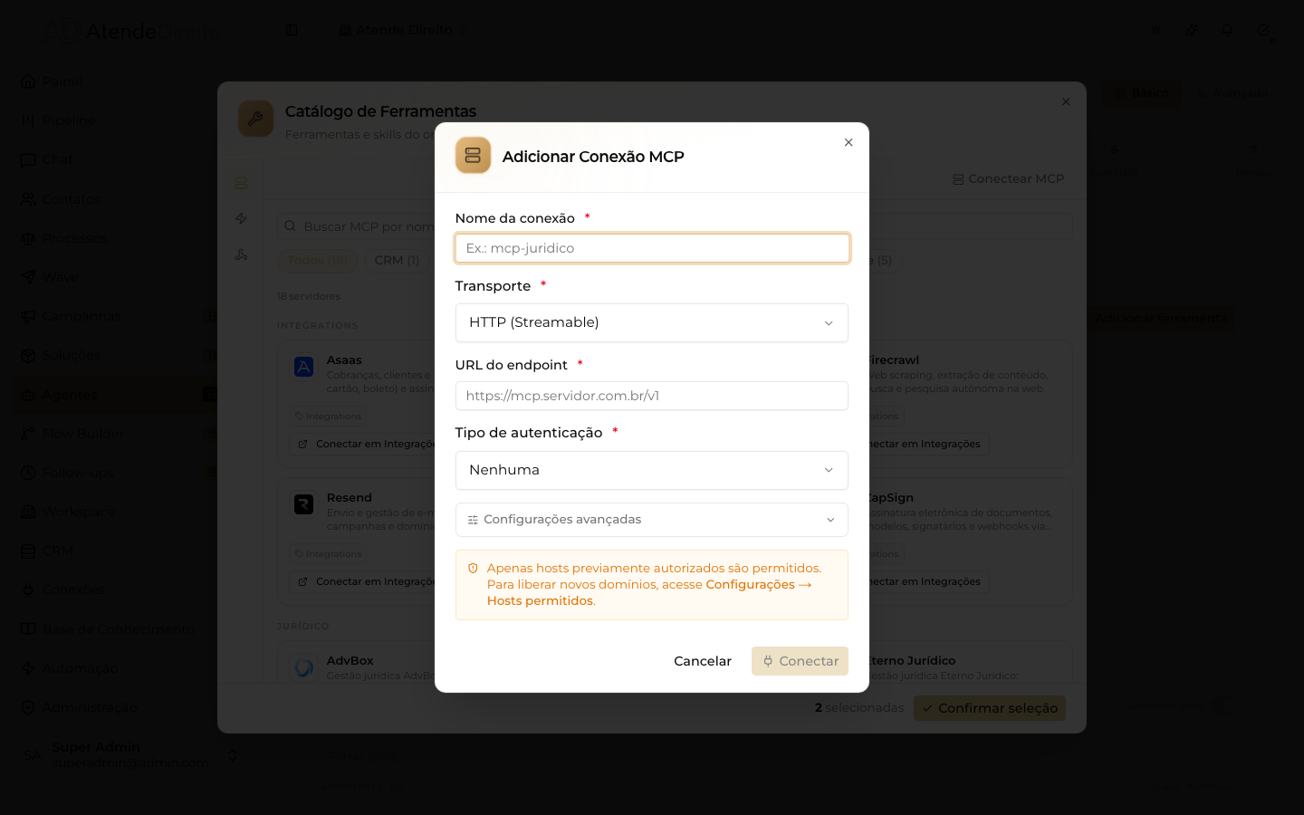 Janela Adicionar Conexão MCP, com nome, transporte, URL do endpoint e tipo de autenticação.
