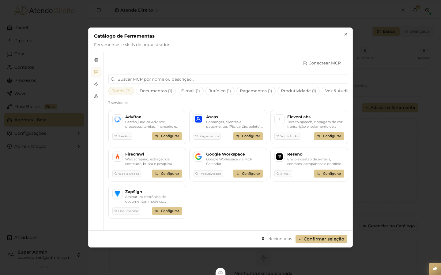 CAPTURAR: modal de seleção de MCP server com a lista de servidores disponíveis e suas ferramentas listadas