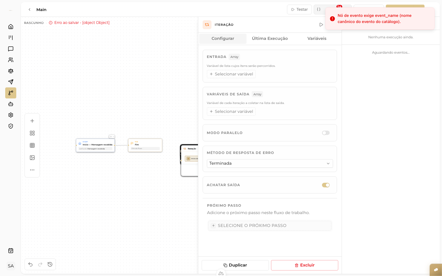 CAPTURAR: nó de gatilho 'Mensagem Recebida' como primeiro bloco do canvas, com o painel de configuração aberto