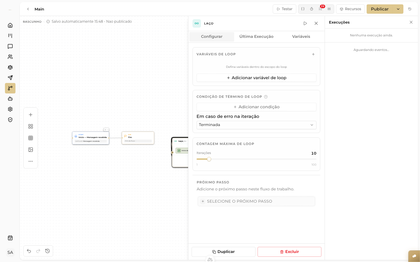 CAPTURAR: container de Loop no canvas com os pontos de loop_start e loop_end visíveis; blocos internos de exemplo