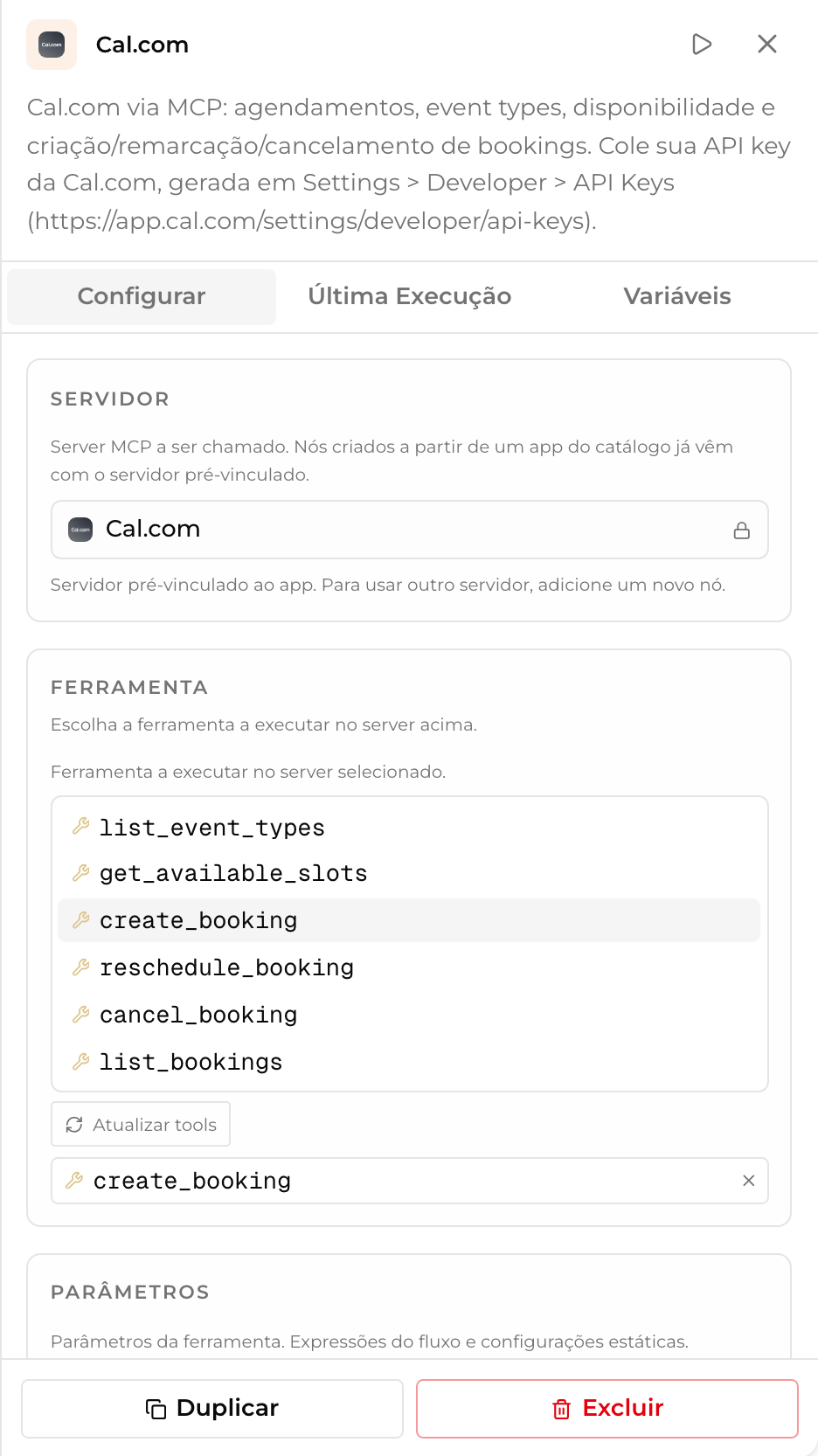 Painel do nó configurado com o servidor Cal.com e a ferramenta create_booking selecionada na lista de ferramentas disponíveis