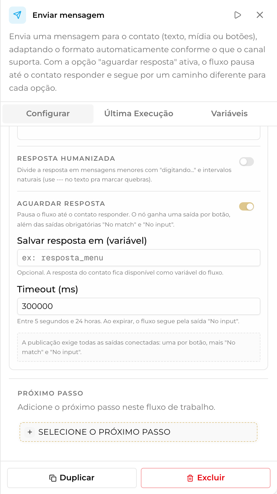 Painel do nó Enviar Mensagem com o toggle 'Aguardar resposta' ativado, e os campos Salvar resposta em e Timeout