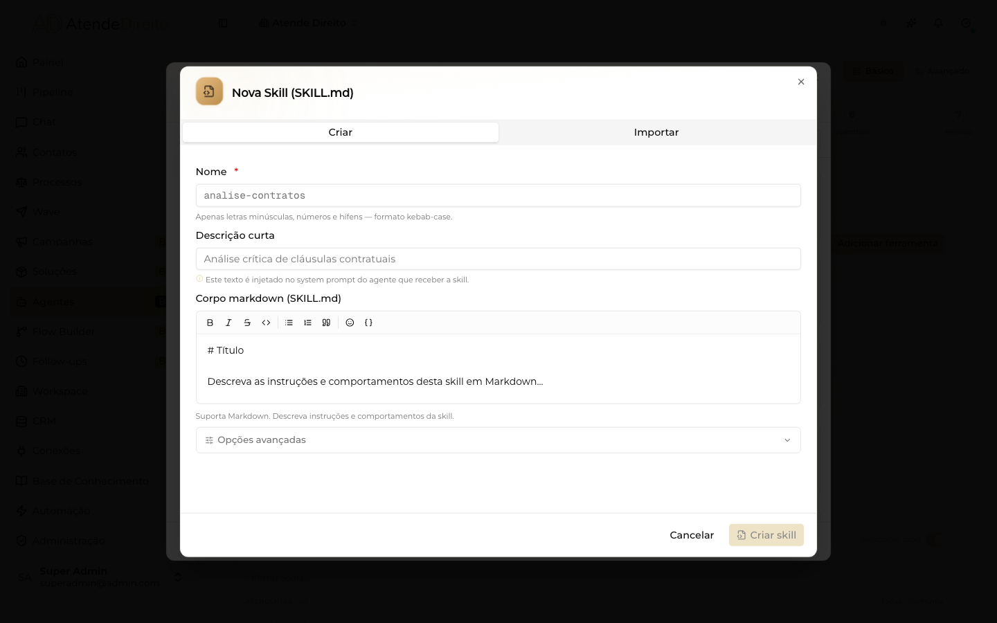 Janela Nova Skill (SKILL.md), com as abas Criar e Importar.