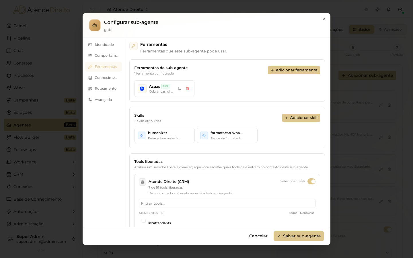 Aba Ferramentas do sub-agent, com as ferramentas próprias e a seção Tools liberadas.